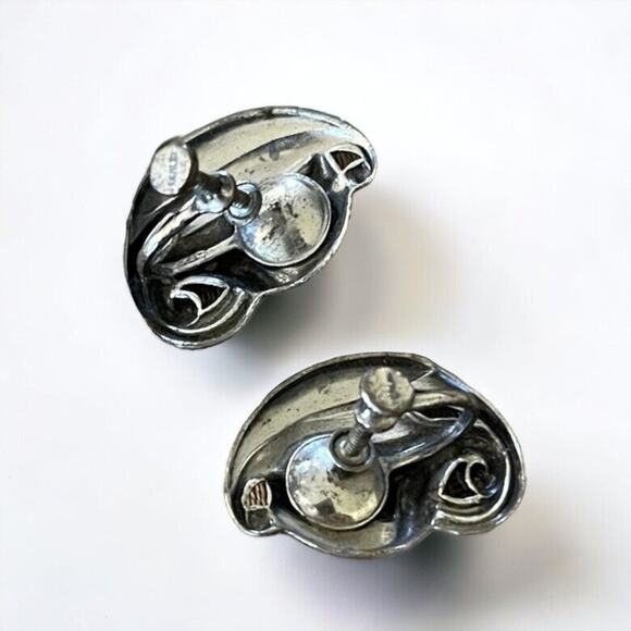 Vintage Stamped Sterling Silver Lily Calla Screw Back Earrings Leaf Flowers - Picture 4 of 7
